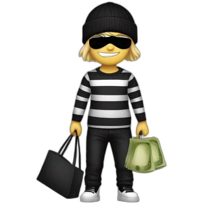 robber with blonde hair wearing a black beanie and a long sleeved white and black horizontally striped t-shirt and wearing black eye mask and holding a bag of money in their left shoulder emoji