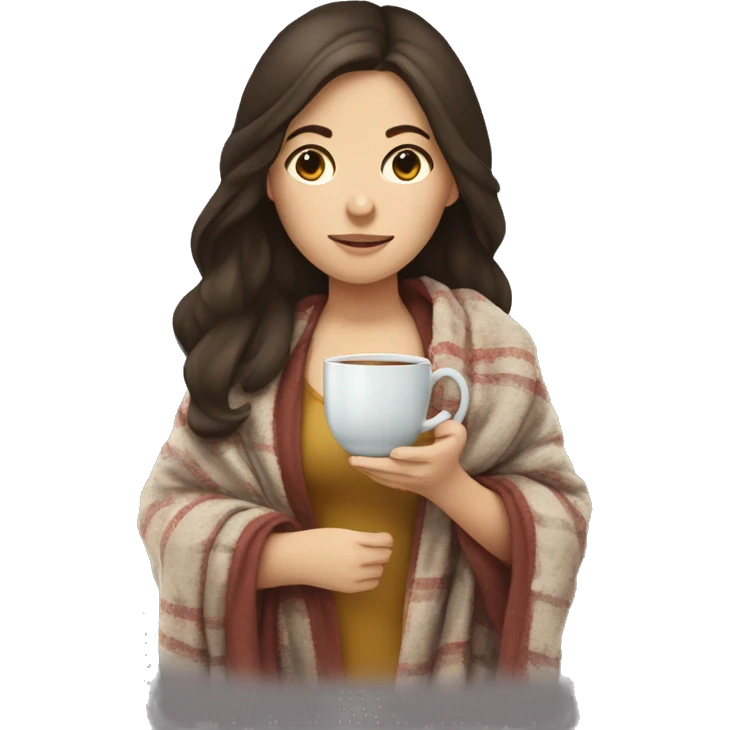 Brunette girl with tea in her hands and a blanket over er shoulders and sick emoji