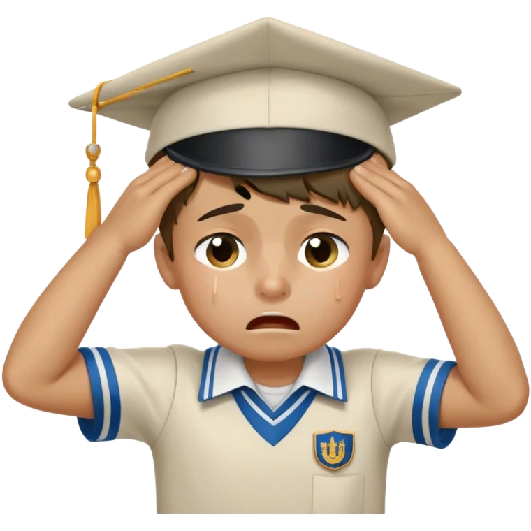 Create an emoji of a young boy student crying. He is wearing a university uniform, including a shirt and pants and hat. The boy is visibly upset, with tears streaming down his face, and he is wiping his eyes with his hand. The background should be simple to emphasize his emotional state, conveying the feeling of being overwhelmed with school stress or personal struggles emoji