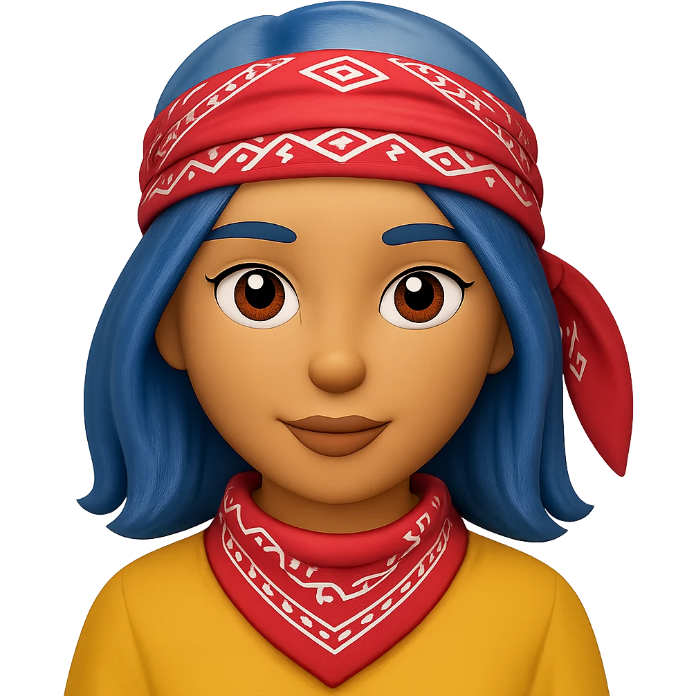 Create an image of a woman with a bandana and blue hair in the style of Apple emojis, with no background. The style should mimic the look of Apple emojis. emoji