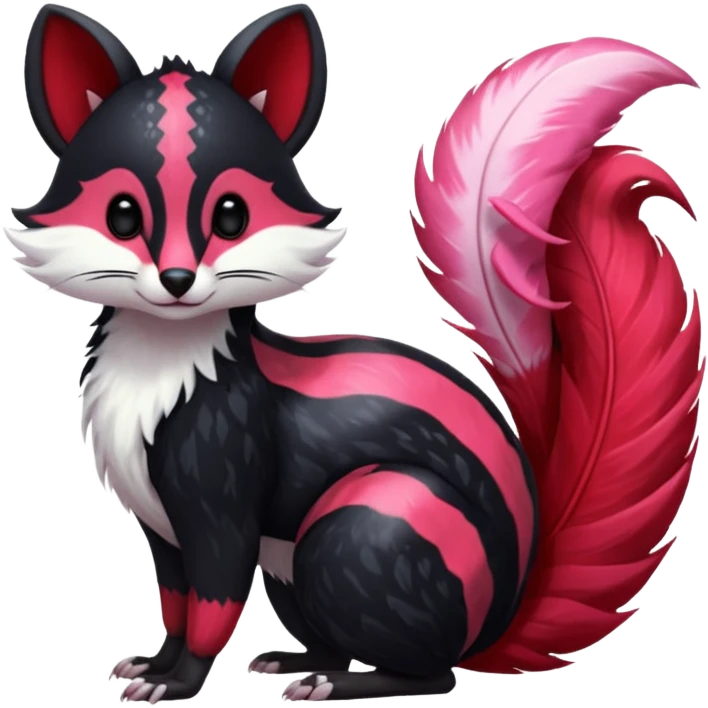 Feral Rare Fantasy shiny soft fuzzy furry vibrant tropical obsidian-black and crimson-red Vernid-Trico-species-creature by LiLaiRa, random markings, tufted tail, tufted ears, full body with markings with white skunk-tail-stripes emoji