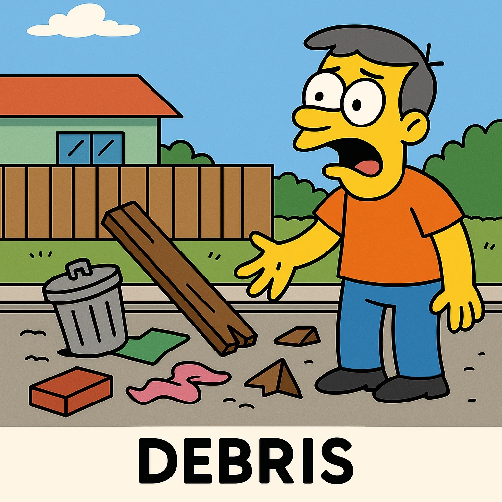 Debris – pieces of broken or leftover things.
After the storm, debris was scattered all over the street.
 emoji