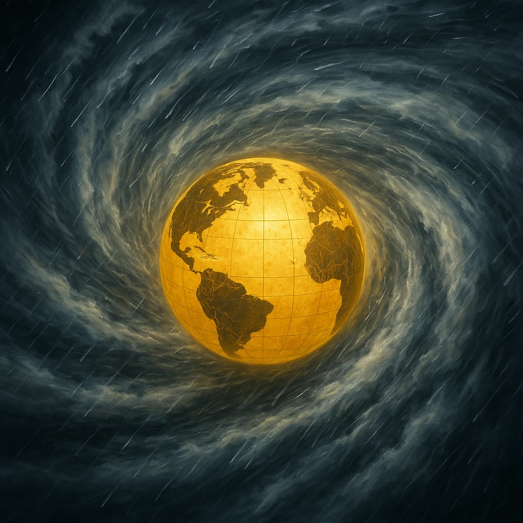 yellow globe in the center of a hurricane, swirling wind and rain, intense motion emoji