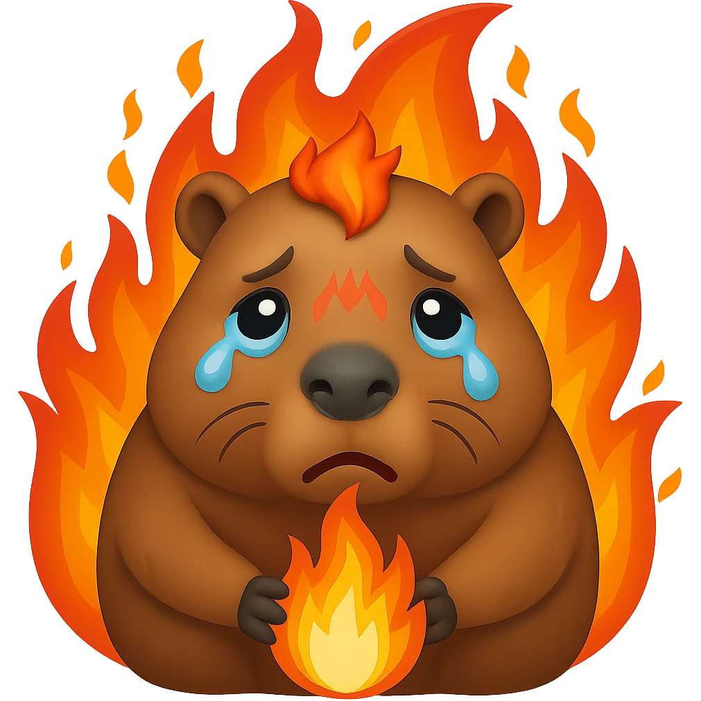 crying capybara, a fire around, emoji style emoji