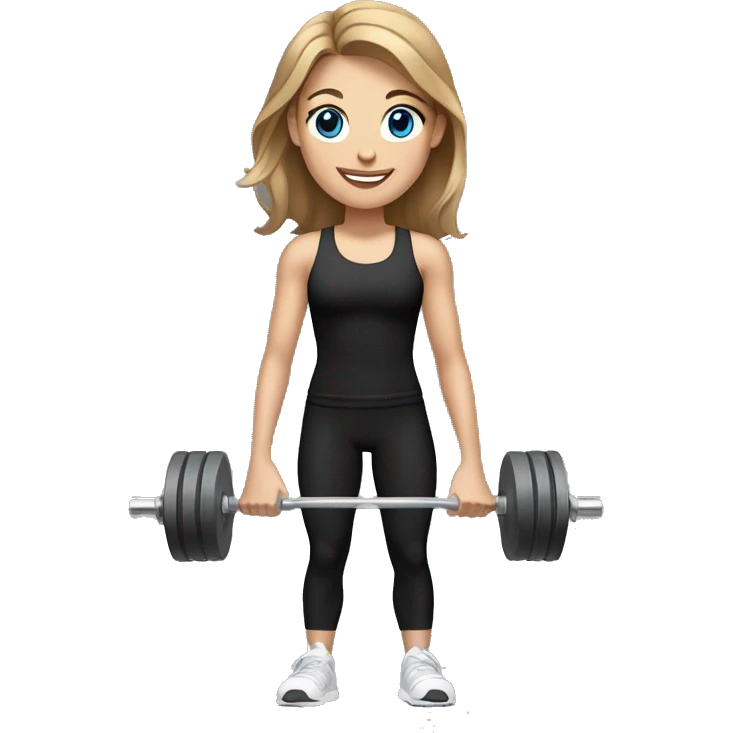 Gym girl lifting weights,light brown hair blue eyes, smiling wearing black gym leggings emoji