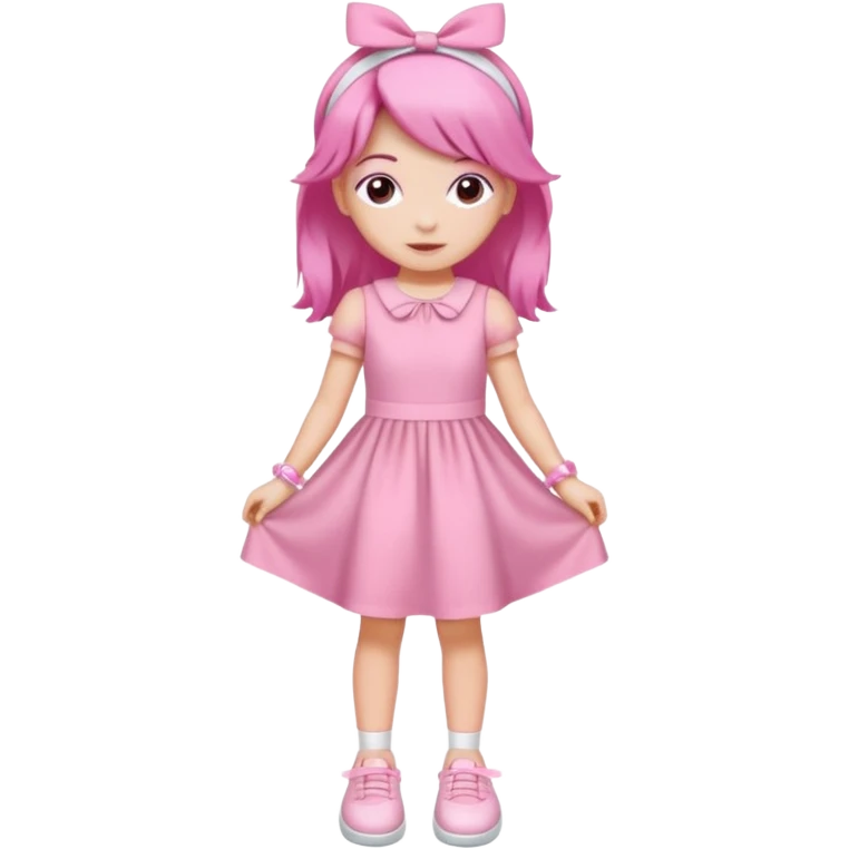 A girl wear a a pink pink dress and pink wacth and a pink hairband and a white shoes emoji