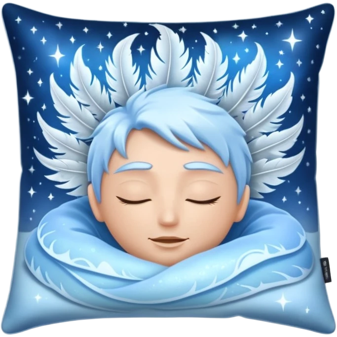 mystical pillow shimmering with icy blue and silver, surrounded by glowing feathers and frosty aura, gentle energy waves cradling a head, magical pain-free starlit sleep emoji
