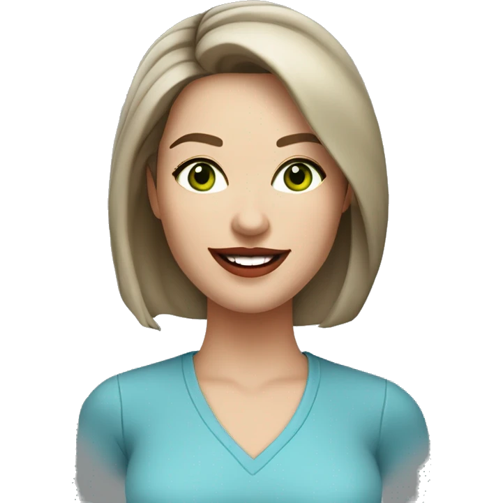 A headshot of a cheerful woman in her 30s with light white skin, shoulder-length dark brown hair, and a round face with prominent cheekbones. She has dark green eyes, full lips with red lipstick, and a warm, friendly smile. She's wearing a blue shirt. emoji