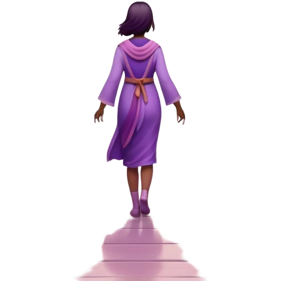 A small figure walks back across a foggy bridge, holding soft pink and purple orbs in each hand—symbolizing compassion and forgiveness. A gentle heart aura trails behind them, showing healing in motion. emoji