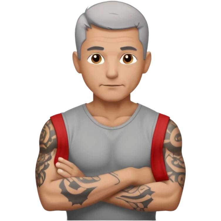 un homme de 50 ans, cheveux court gris, musclé avec le bras droit tatoué emoji