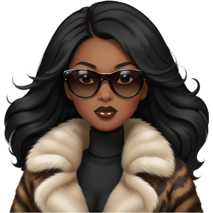 Long hair blowing in wind, sunglasses, fashion, diva black woman, mink fur coat emoji