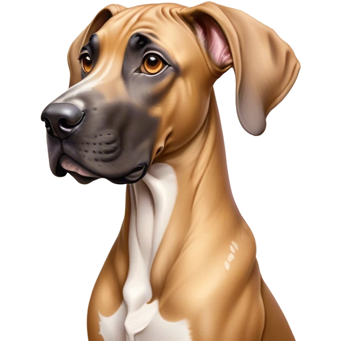 Cinematic Cute Fawn Great Dane Portrait Emoji, Head tilted playfully and inquisitively, showcasing a glossy fawn coat with a subtle luster, round, sparkling amber eyes filled with curiosity, Simplified yet irresistibly adorable features, highly detailed, glowing with a warm, friendly glow, high shine, affectionate and gentle, stylized with a touch of whimsy, bright and endearing, soft glowing outline, capturing the essence of a mischievous yet loving pup, so playful it feels like it could lumber out of the screen and into your arms! emoji