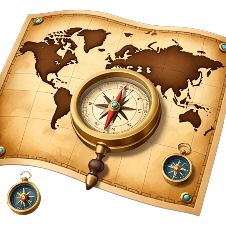 3D Brown golden map with Travel compass pointing to adventure emoji