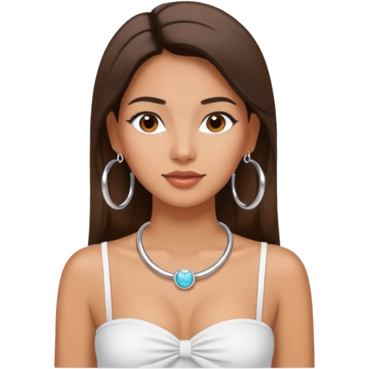 latina makeup olsun, saçları düz, halka küpeler büyük gümüş renginde olsun, kolye taksın ve beyaz bir Bandeau top kıyafet giyisin emoji