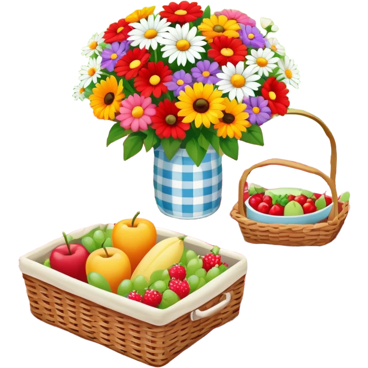 colorful bouquet of flowers on a red and white checkered picnic blanket with small picnic basket nearby emoji