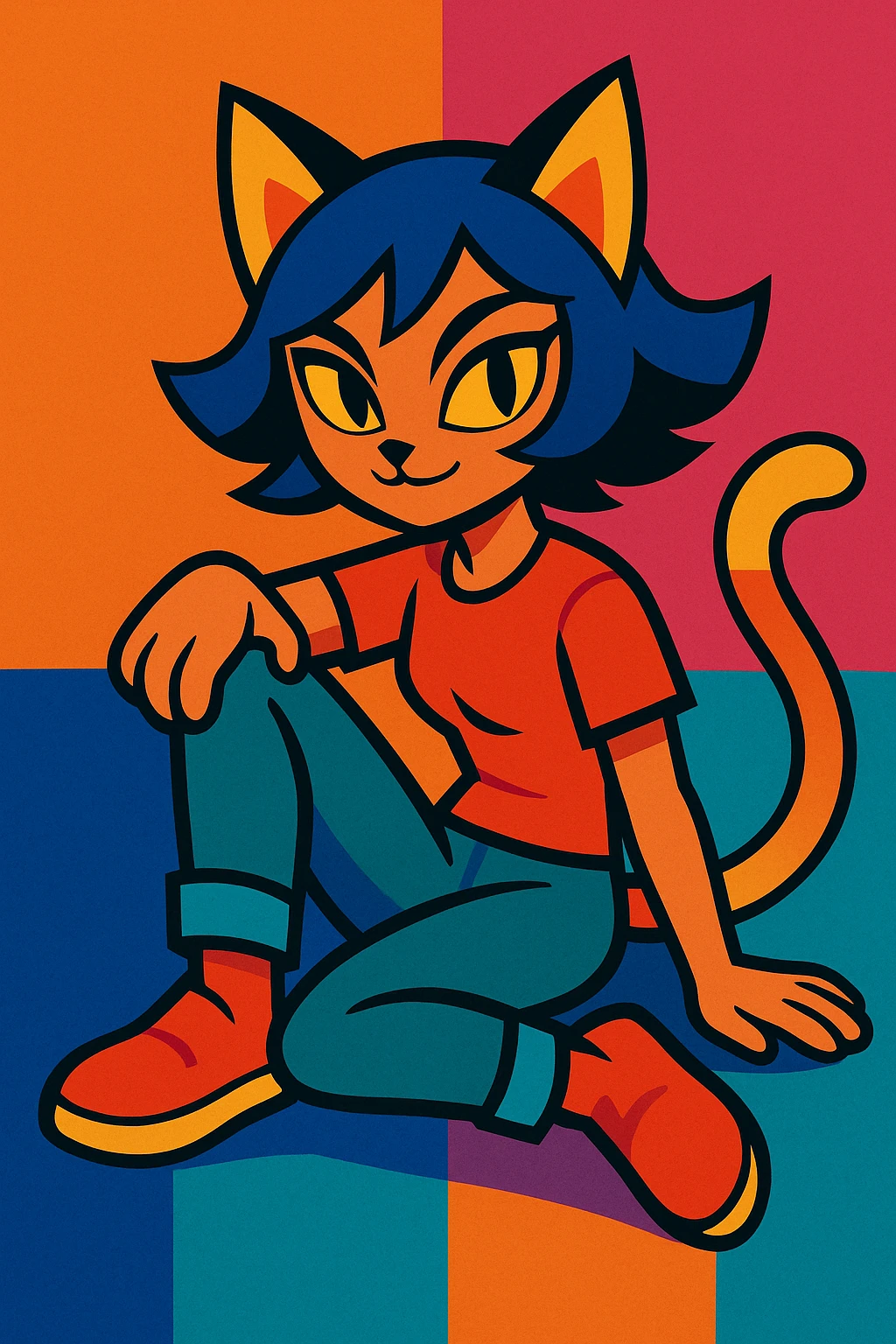 stylized girl with cat-like features, such as pointed ears, a tail, and feline posture, modern colorful art style, vibrant toon illustration emoji