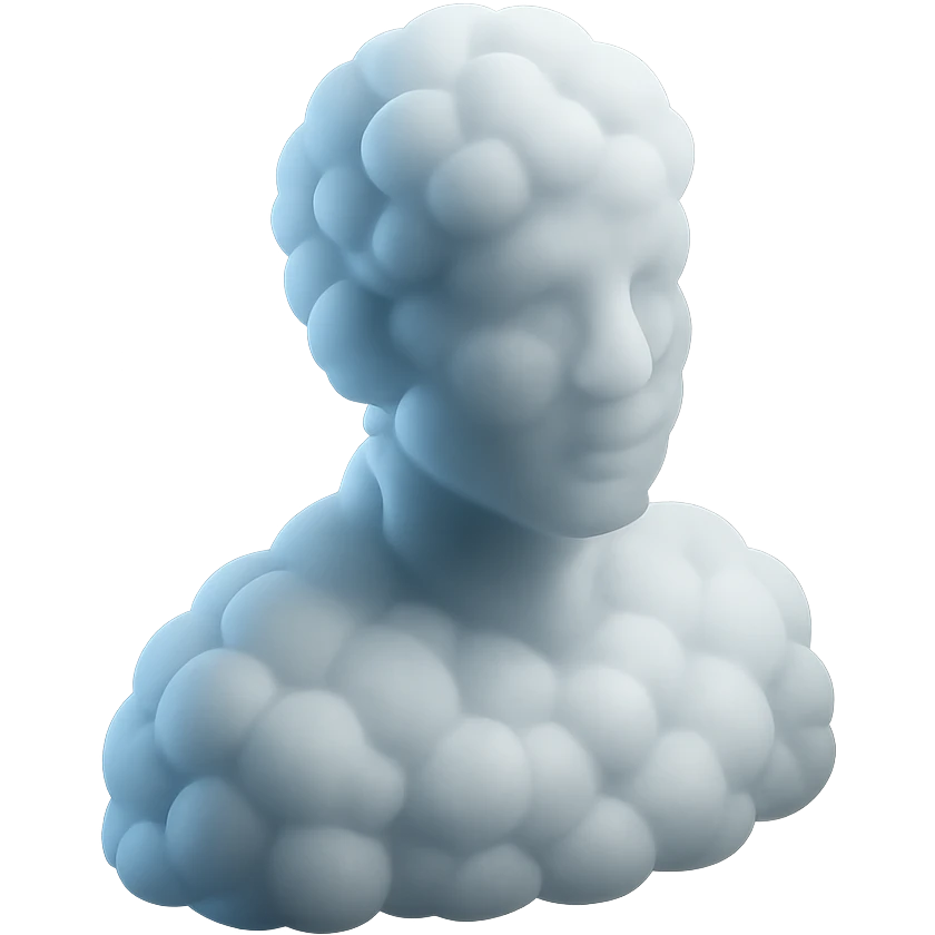 person looking straight, made entirely of white fluffy convex clouds, shoulder up, matte glass style, no background emoji