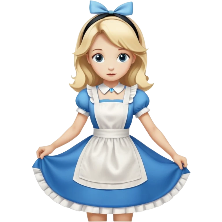 Disney's Alice in Wonderland curtseying in her blue dress with white apron, blonde hair with headband emoji