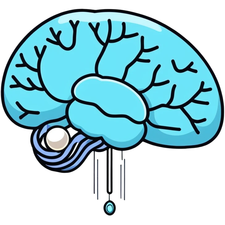 Cute sticker of a pearl and light blue capsule floating around a transparent brain with sparkling neural connections, surrounded by a gentle focus enhancing fog emoji