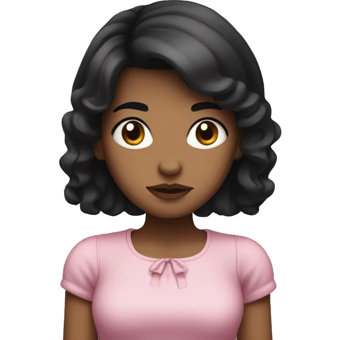 Girl with black hair , mad , her hair is not curly neither straight its ondulated hair , it's short and she has brown eyes and she has a bow that its pink on her hair emoji