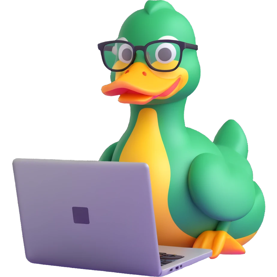 Animated duck wearing glasses, programming Python on a laptop emoji