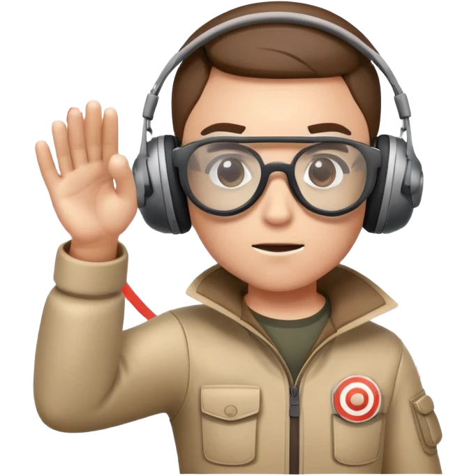 A focused shooter in protective headphones and special glasses, aiming precisely at a target. The setting includes a shooting range with clear markers and a calm, controlled environment, emphasizing concentration, accuracy, and the discipline of the sport emoji