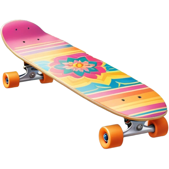 "An icon featuring a colorful skateboard resting on a smooth pavement. The background shows a sunny park with trees, a clear sky, and a lively atmosphere. The skateboard's deck is decorated with vibrant designs, emphasizing its dynamic style. Transparent background  emoji