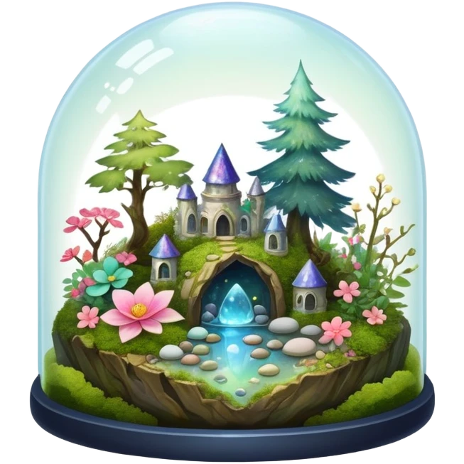 Sparkly shiny iridescent Mystical woodland glass-dome-terrarium-globe with moss inside, with marbles, with pebbles, crystals, with bones inside, and flowers inside  emoji