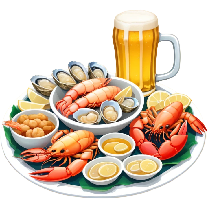 Qingdao seafood with beer, simplified emoji style with bold outlines and bright colors, cartoon style Chinese seafood platter with yellow beer emoji