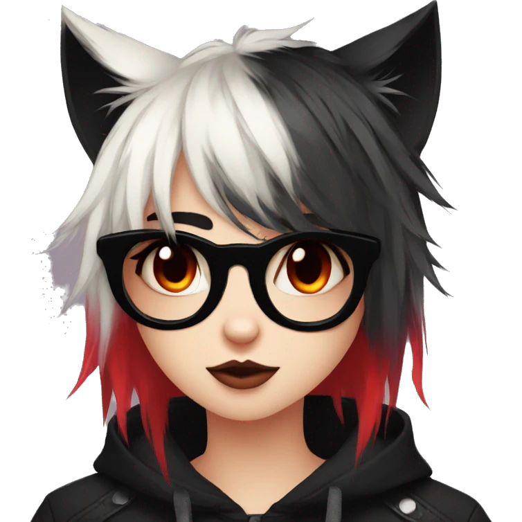 Anthro Edgy Cool Beautiful Black Cat-Fursona with Emo Hair-bangs with Red Streaks emoji