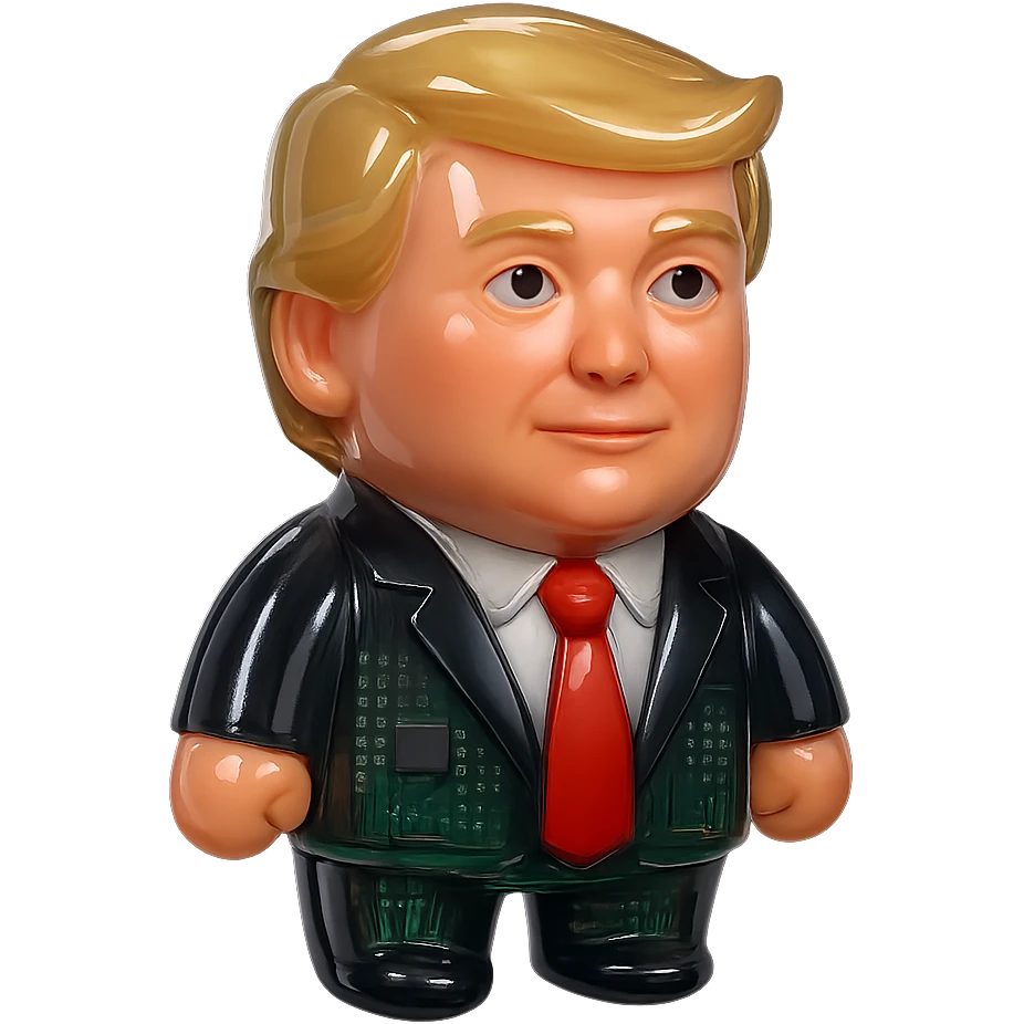 Donald Trump, modern 3D avatar, dark suit, red tie, realistic face with cartoon polish, glossy, black background, centered emoji