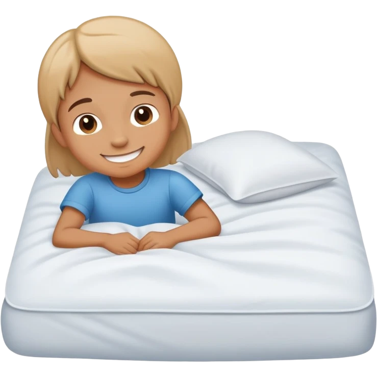 child making their bed, smiling, clean and friendly emoji