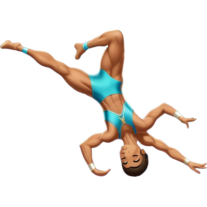A skilled acrobat mid-air, executing a breathtaking flip with perfect control. The pose radiates strength, balance, and agility. The background suggests a dynamic performance space, with stage lights or a competition arena, emphasizing motion, precision, and teamwork. emoji
