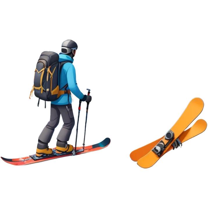 Icon for Mountain Tourism: a distant snow-capped mountain peak with skis, a snowboard, an ice axe, a backpack and a camera. The icon should convey the spirit of adventure and exploration in the mountains. Transparent background. emoji