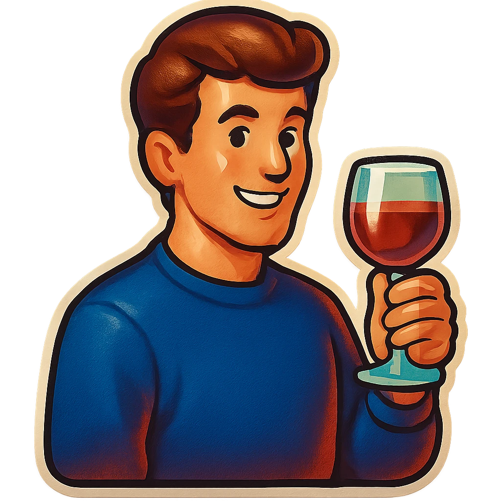 A sticker of a male friend with a glass of wine emoji
