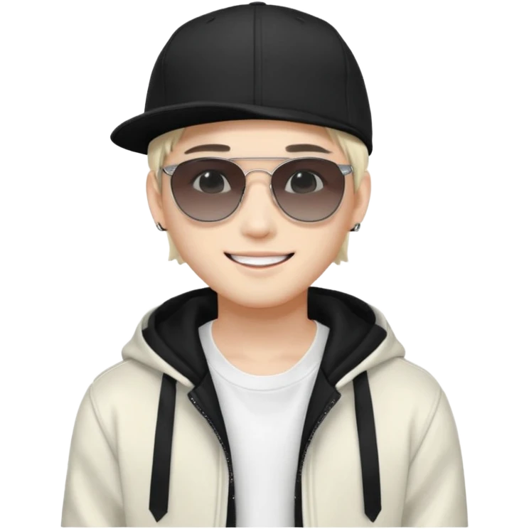 Portrait of a male K-pop idol, white skin, wearing a stylish streetwear outfit with layered clothing, makeup, wearing a black cap, smiling, sunglasses emoji