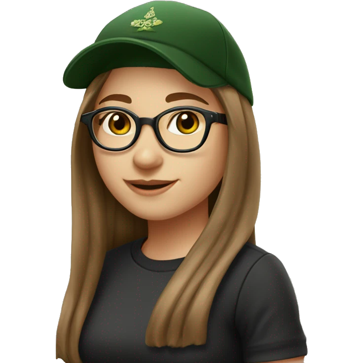 Slavic girl, light skin, smiling with teeth, round brown eyes, spotted frame glasses, long brown straight hair, black T-shirt, dark green cap, black badge ribbon emoji