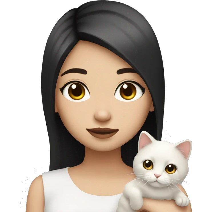 Emoji girl, light skin, black straight hair, brown eyes, beautiful, holding white fluffy cat emoji