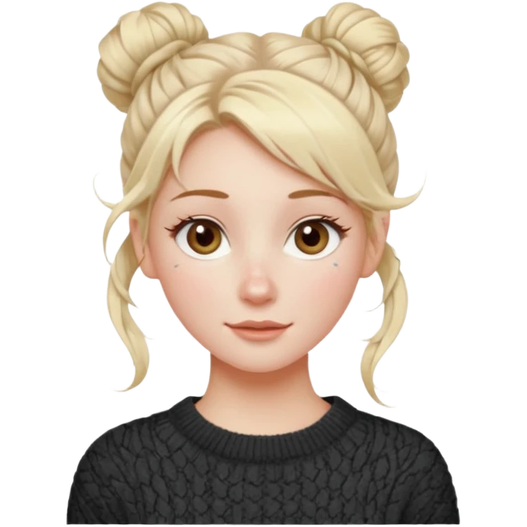 blonde hazel eyes woman with a white cable knit sweater and one messy bun with tendrils of hair flowing down her face and she is happy pale, some freckles, blush. she has a cateye wing and long lashes emoji
