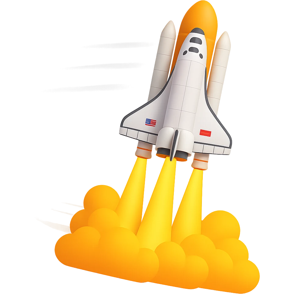 Make the space shuttle look like it is flying, with motion lines or a sense of movement, in the style of emoji. No background, transparent. emoji