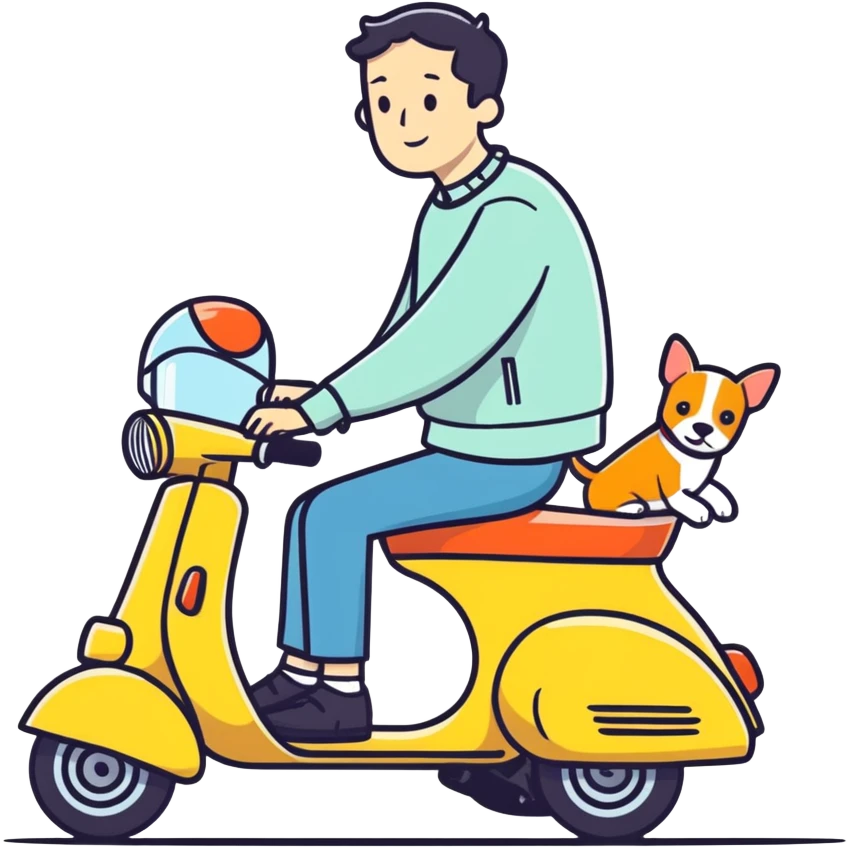 man and his pet dog riding a vespa emoji