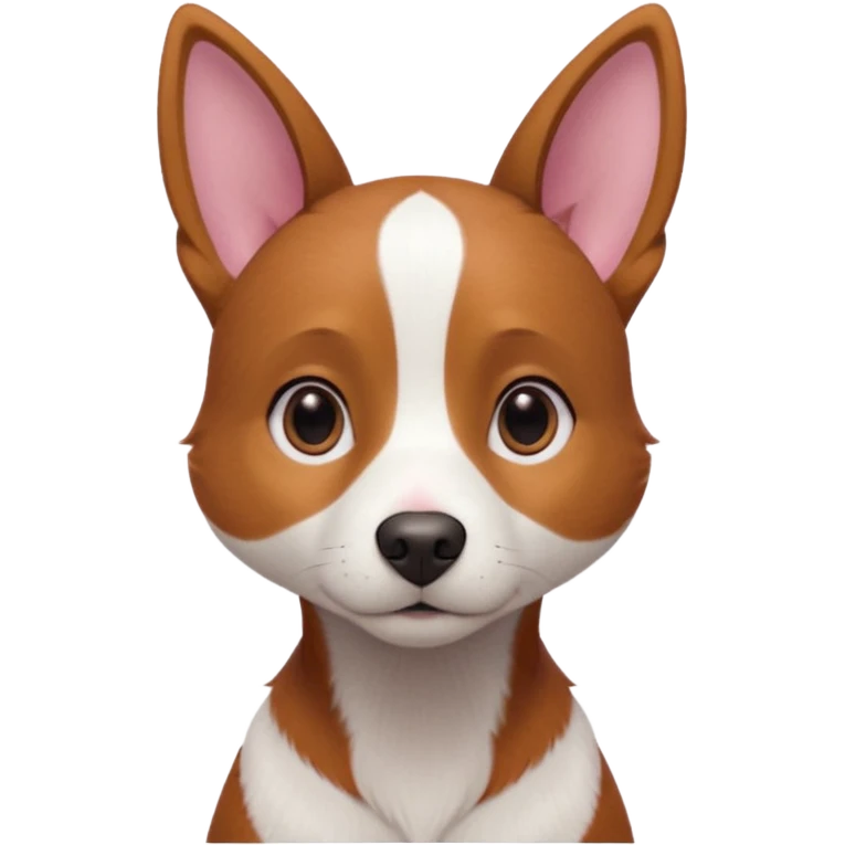 Medium-sized dog with a slim build and short reddish-brown fur. She has large upright ears with a soft expression, slightly graying around her muzzle and eyes, and a pinkish nose. Her chest features a white patch in the shape of a vertical stripe, and her tail is thin and slightly curved. emoji
