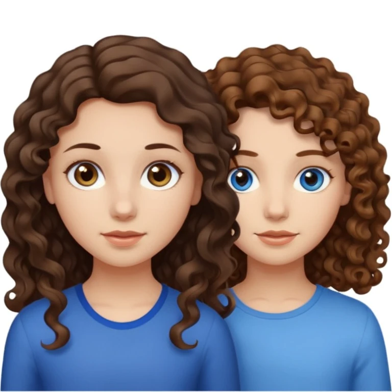 girl with dark brown wavy hair and light brown eyes next to a girl with light brown curly hair with blue eyes emoji