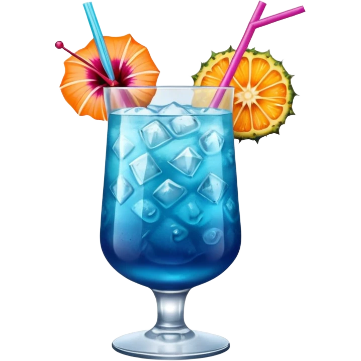 vibrant tropical fruity blue cocktail with hibiscus, pineapple and orange garnishes emoji