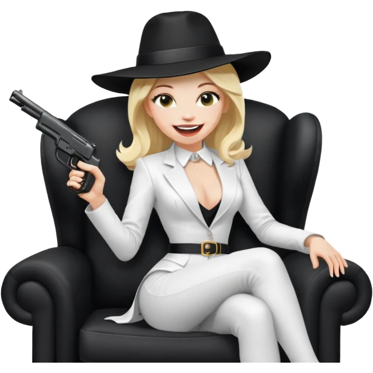 Mafia blondes Laughter woman in hat , gun ,black armchair , white costume  emoji