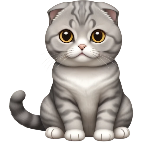 Cinematic-Scottish-Fold-Cat-Realistic-Full-Body-Sitting-Emoji – Tail curled playfully around its paws, head tilted dramatically, thick and plush solid-grey fur, signature folded ears resting gently against its round head, simplified yet realistic focused features, highly detailed, glowing with an almost sarcastic glow, deep amber eyes radiating quiet wisdom and charm. emoji