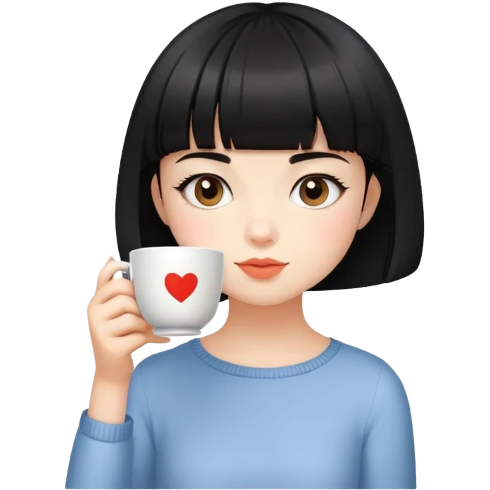 cute girl with shor black bob and short bangs drinking tea emoji