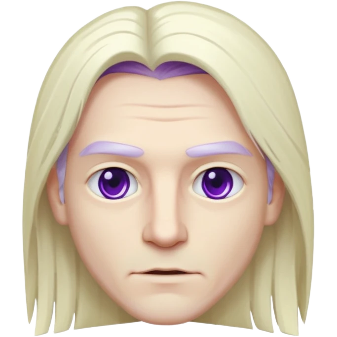 Beyaz uzun ve düz saçları olan,mor göz rengi olan, bembeyaz tenli bir erkek,genç,gözleri hafif çekik ve saçları da teni de bembeyaz olacak,genç olacak,kırışıklığı olmayacak,gözleri çekik ve mor renk olacak,alnında kırışıklık olmayacak,saçı daha beyaz olsun,genç olacak emoji