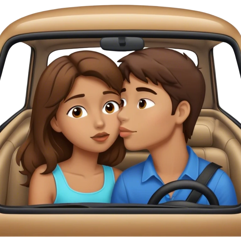 tan girl with brown hair kissing boy with brown hair in  car emoji