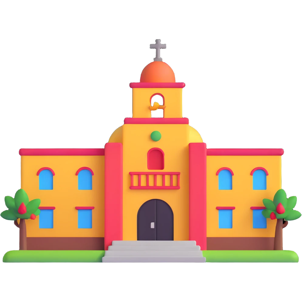 Mexican school building with educational symbols emoji